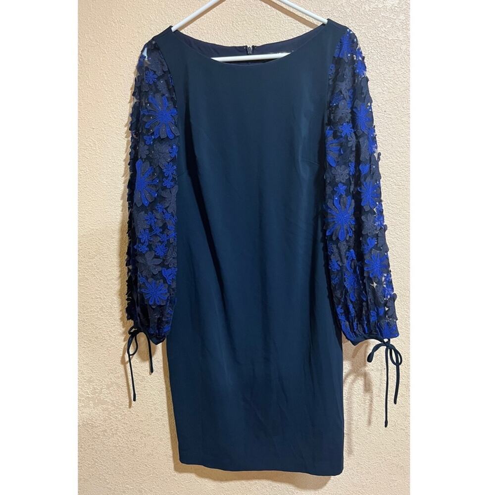 Badgley Mischka navy blue Embroidered balloon Sleeve sheath Dress
